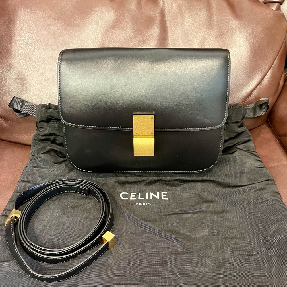 Celine Classic Box Triomphe Medium Calf leather black flap bag canvas handbag